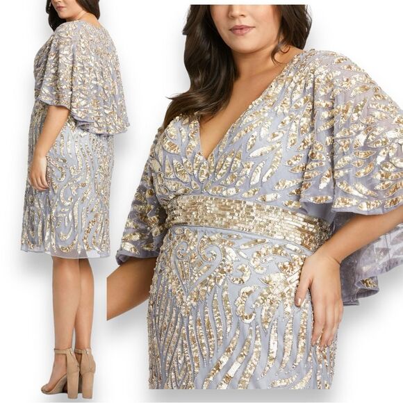 Mac Duggal Dress 20W Gold Blue Embellished Cape Sleeve Cocktail Metallic Sequin - Picture 1 of 11